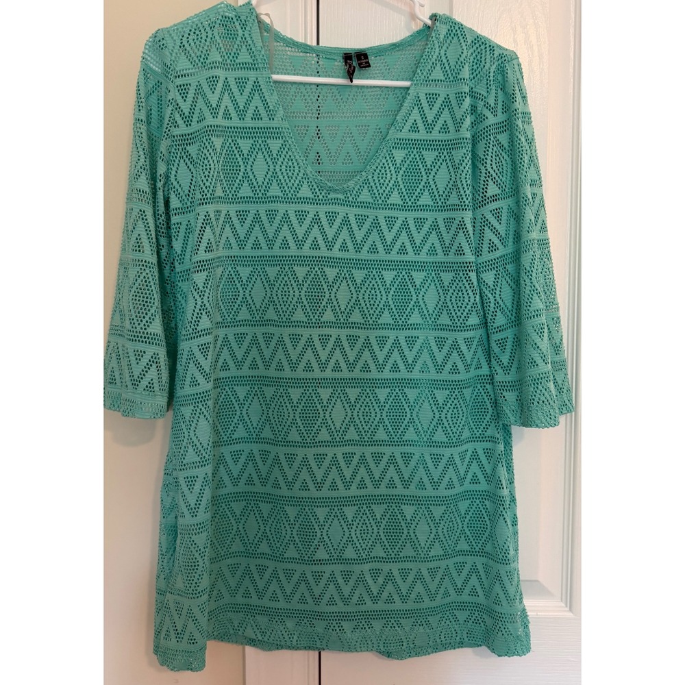 Portacruz‎ Aqua Teal Crochet Knit V-Neck Tunic Beach Cover Up Top Womens Small